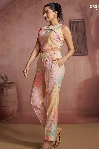 Trendy multi-colored printed co-ord set with unique asymmetrical crop top