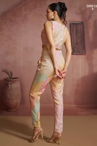 Trendy multi-colored printed co-ord set with unique asymmetrical crop top