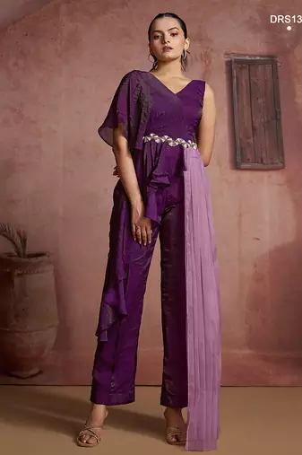 Wine organza two-piece co-ord set with cutdana & moti hand embroidery