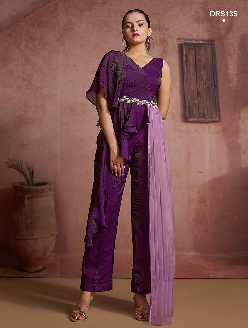 Wine organza two-piece co-ord set with cutdana & moti hand embroidery
