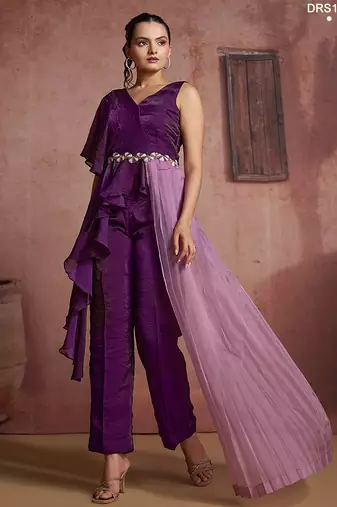 Wine organza two-piece co-ord set with cutdana & moti hand embroidery