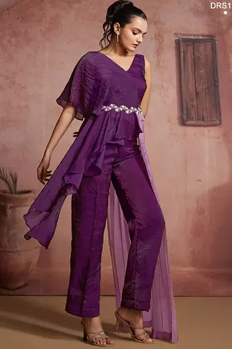 Wine organza two-piece co-ord set with cutdana & moti hand embroidery