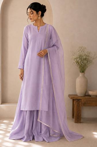 Lavender cotton plain casual kurta set with dupatta for women