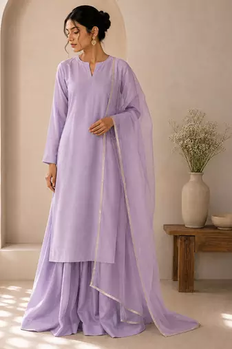 Lavender cotton plain casual kurta set with dupatta for women