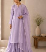 Lavender cotton plain casual kurta set with dupatta for women