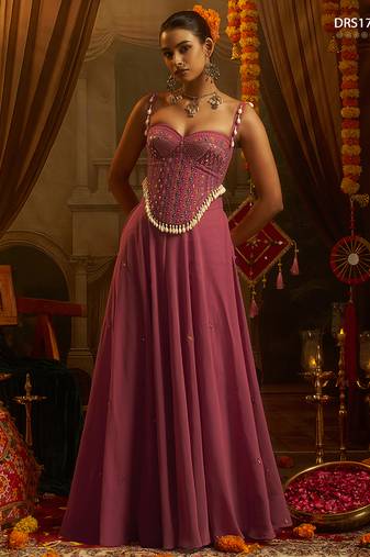 Pink georgette embroidered corset top with palazzo and artificial shell detailing