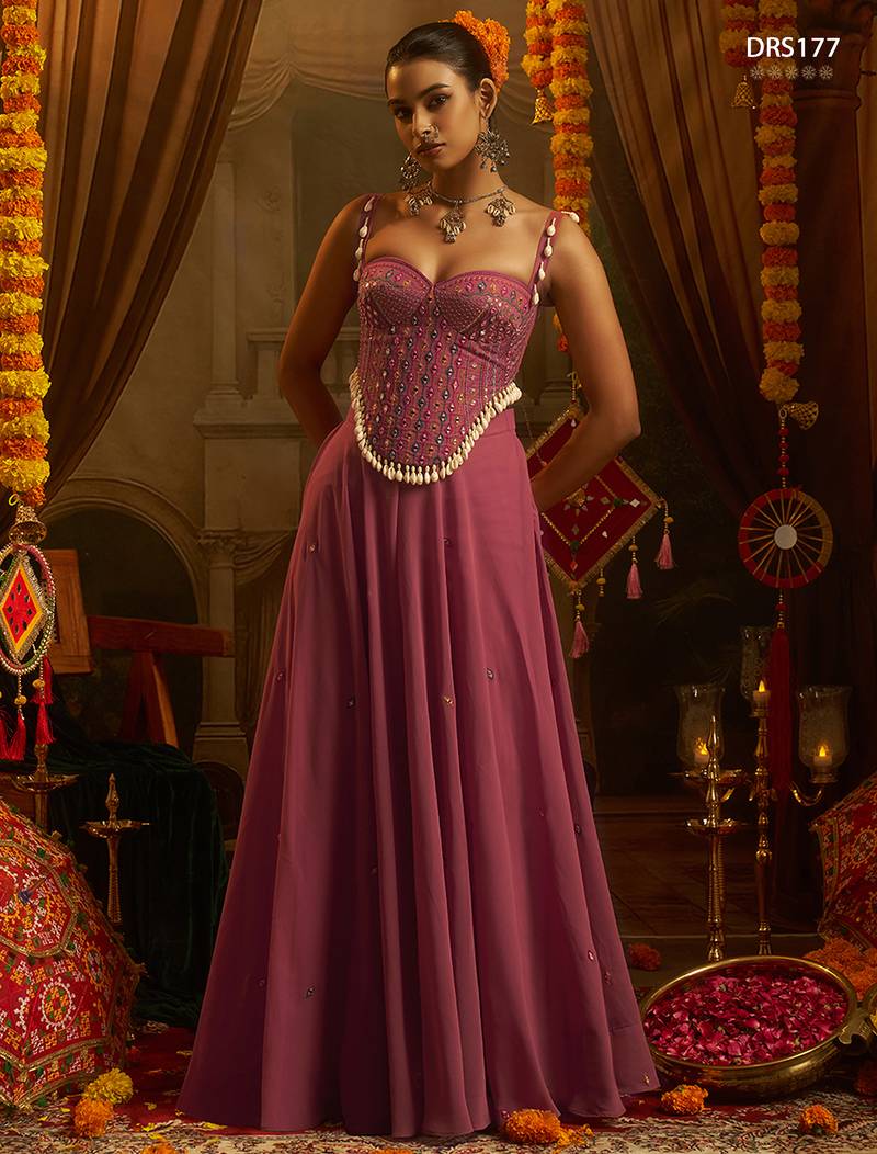 Pink georgette embroidered corset top with palazzo and artificial shell detailing