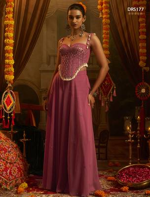 Pink georgette embroidered corset top with palazzo and artificial shell detailing 2