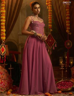 Pink georgette embroidered corset top with palazzo and artificial shell detailing 3