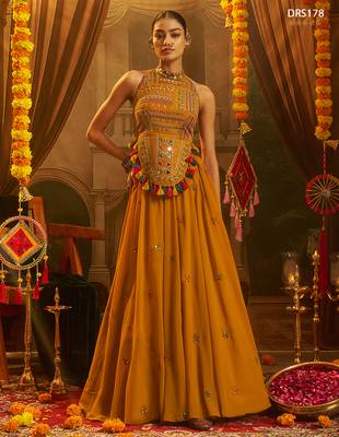 Mustard georgette thread & mirror work festive crop top set 1