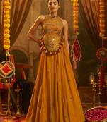 Mustard georgette thread & mirror work festive crop top set