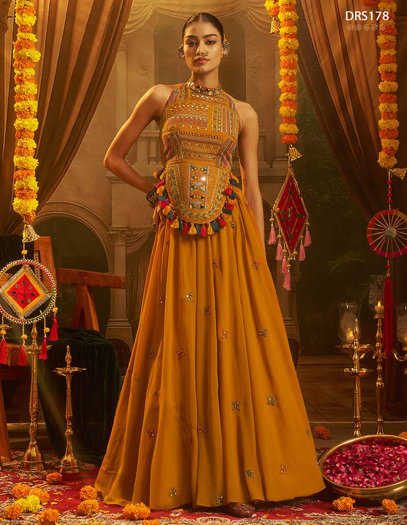 Mustard georgette thread & mirror work festive crop top set