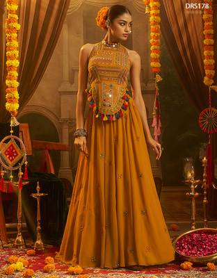 Mustard georgette thread & mirror work festive crop top set 2