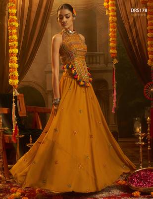 Mustard georgette thread & mirror work festive crop top set 3