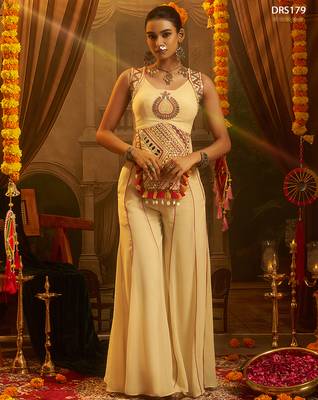 Cream georgette embroidered top with mirror, thread, tassels, shells and palazzo set 1