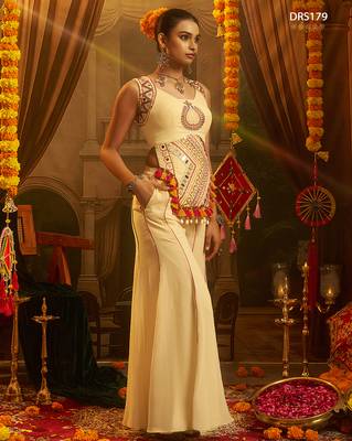 Cream georgette embroidered top with mirror, thread, tassels, shells and palazzo set 3