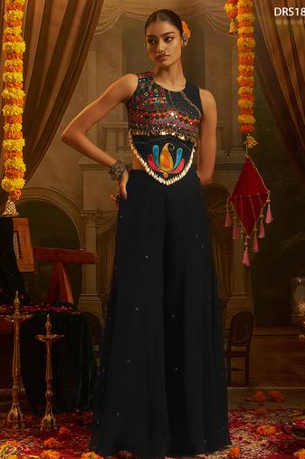 Black georgette palazzo set with thread, mirror & shell detailing