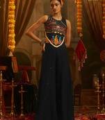 Black georgette palazzo set with thread, mirror & shell detailing