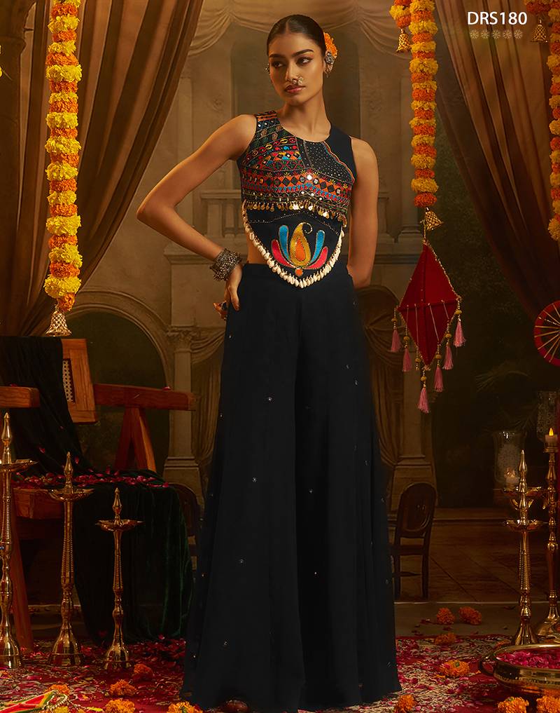 Black georgette palazzo set with thread, mirror & shell detailing