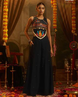 Black georgette palazzo set with thread, mirror & shell detailing 3