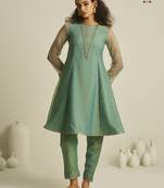 Sea green chiffon kurta set with sheer sleeves and hand embellished detailing