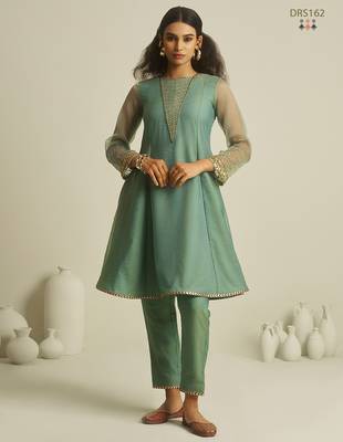 Sea green chiffon kurta set with sheer sleeves and hand embellished detailing 2