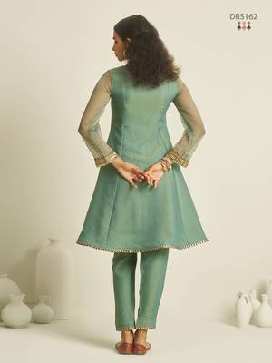 Sea green chiffon kurta set with sheer sleeves and hand embellished detailing 4
