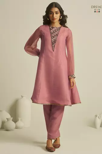 Peach pure tissue geometric hand-work round kurta set with matching bottom