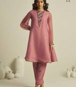 Peach pure tissue geometric hand-work round kurta set with matching bottom