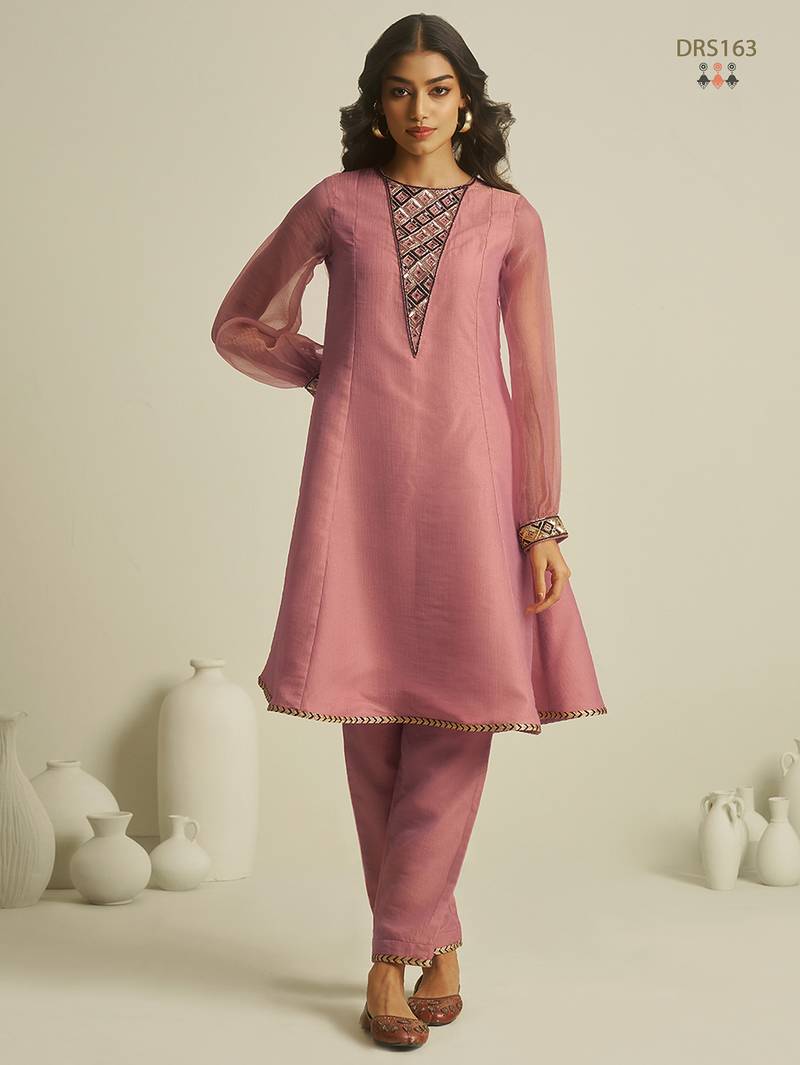 Peach pure tissue geometric hand-work round kurta set with matching bottom