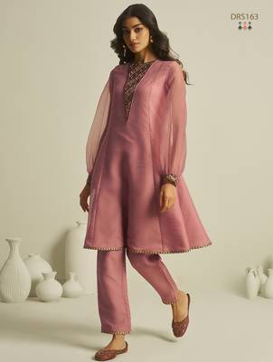 Peach pure tissue geometric hand-work round kurta set with matching bottom 3