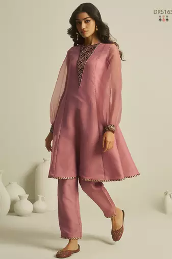 Peach pure tissue geometric hand-work round kurta set with matching bottom