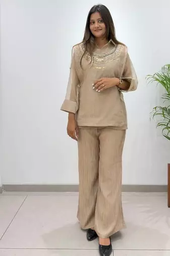 beige color hand work silk blend salwar suit 