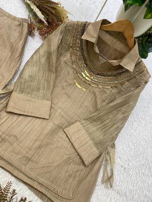 beige color hand work silk blend salwar suit  3
