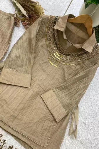 beige color hand work silk blend salwar suit 