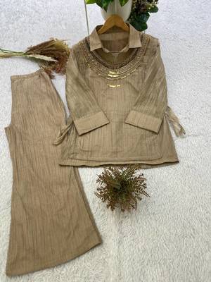 beige color hand work silk blend salwar suit  4