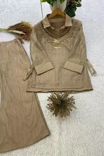beige color hand work silk blend salwar suit 