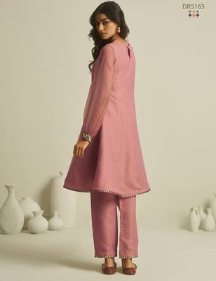 Peach pure tissue geometric hand-work round kurta set with matching bottom 4