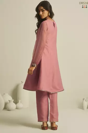 Peach pure tissue geometric hand-work round kurta set with matching bottom