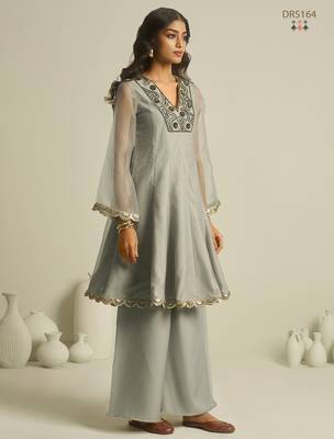 Elegant grey chiffon a-line kurta set with hand-embroidered bead and sequin detailing 1