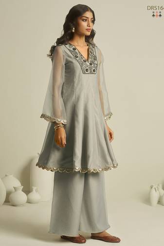 Elegant grey chiffon a-line kurta set with hand-embroidered bead and sequin detailing