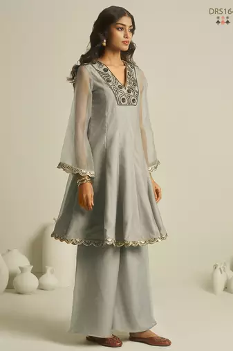 Elegant grey chiffon a-line kurta set with hand-embroidered bead and sequin detailing