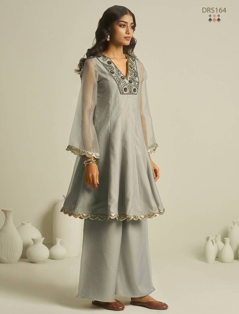 Elegant grey chiffon a-line kurta set with hand-embroidered bead and sequin detailing