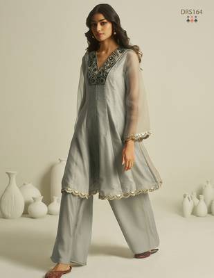 Elegant grey chiffon a-line kurta set with hand-embroidered bead and sequin detailing 2