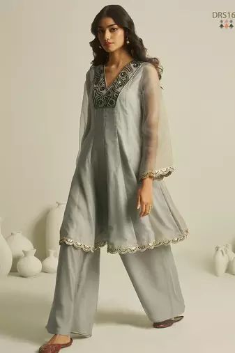 Elegant grey chiffon a-line kurta set with hand-embroidered bead and sequin detailing