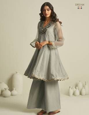 Elegant grey chiffon a-line kurta set with hand-embroidered bead and sequin detailing 3