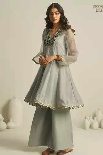 Elegant grey chiffon a-line kurta set with hand-embroidered bead and sequin detailing
