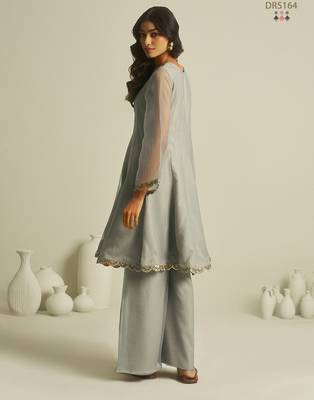Elegant grey chiffon a-line kurta set with hand-embroidered bead and sequin detailing 4
