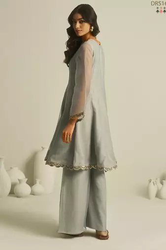 Elegant grey chiffon a-line kurta set with hand-embroidered bead and sequin detailing