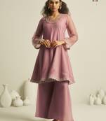 Pink pure tissue hand-work round kurta set with sequin embellished neckline & palazzo